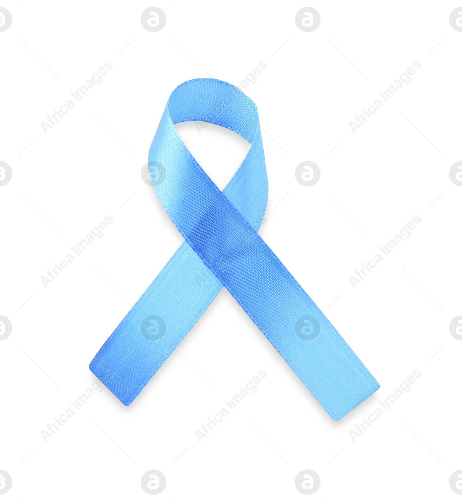 Photo of Light blue awareness ribbon isolated on white, top view