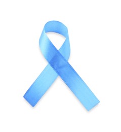 Photo of Light blue awareness ribbon isolated on white, top view