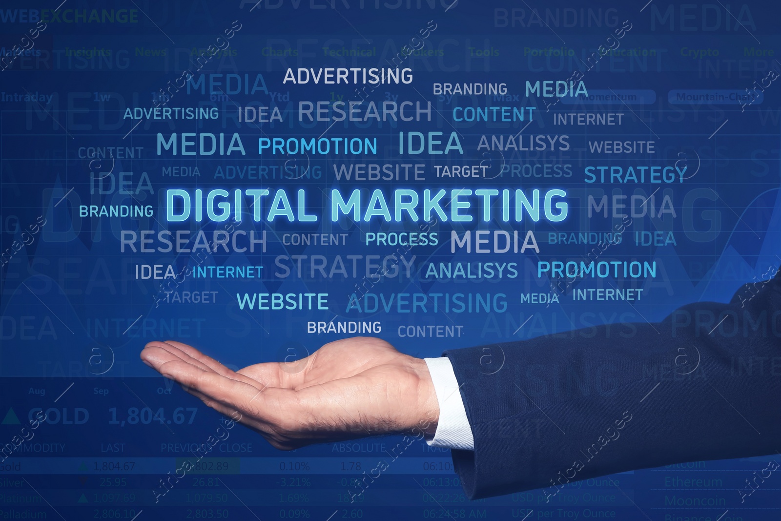 Image of Digital marketing. Businessman showing virtual word cloud on blue background, closeup