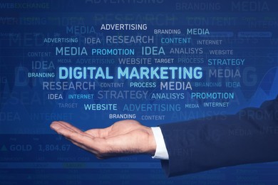 Image of Digital marketing. Businessman showing virtual word cloud on blue background, closeup