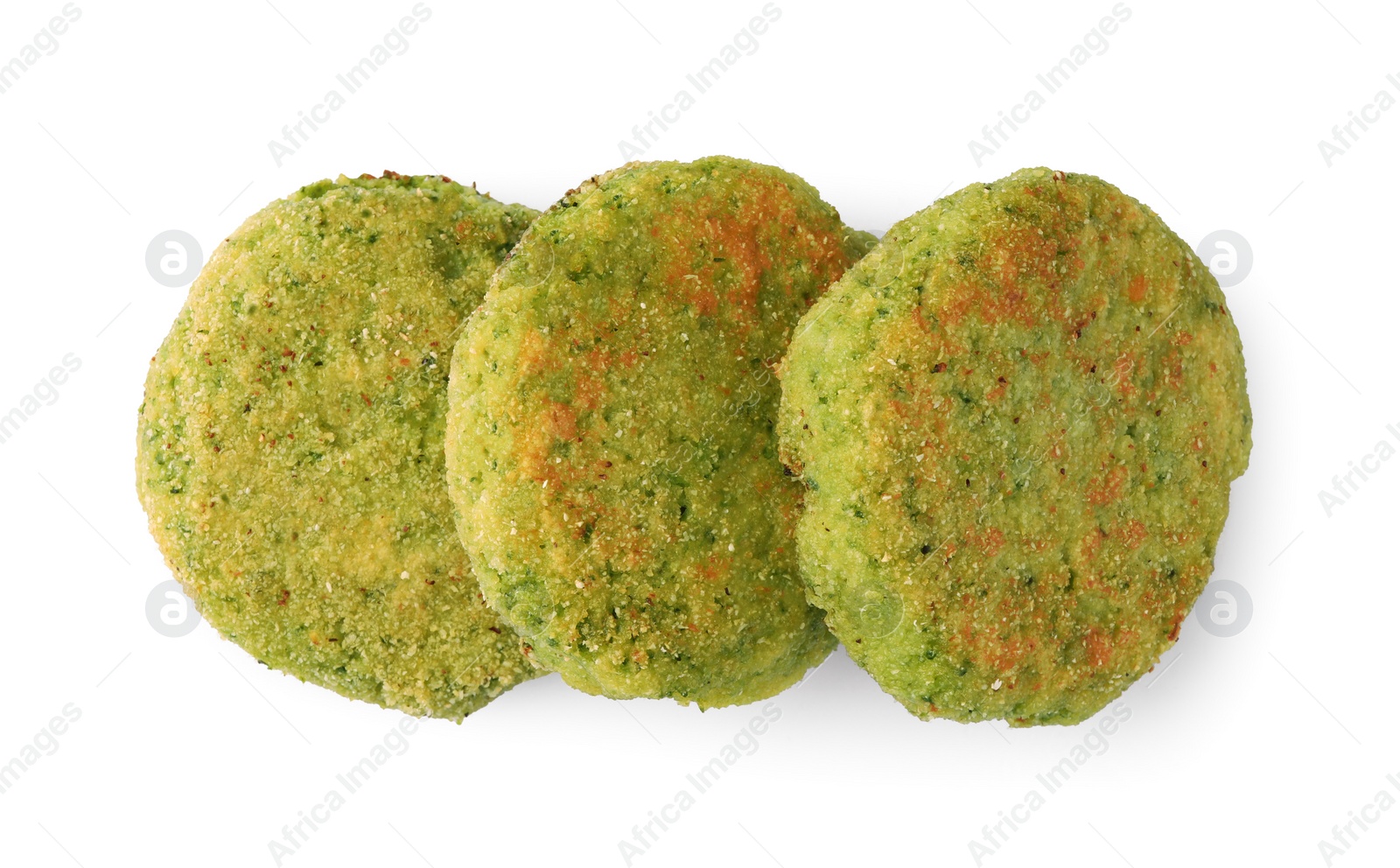 Photo of Green tasty vegan cutlets isolated on white, top view