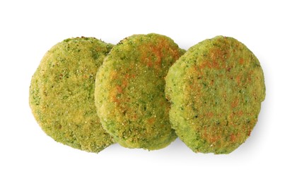 Green tasty vegan cutlets isolated on white, top view