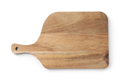 Photo of One wooden cutting board on white background, top view