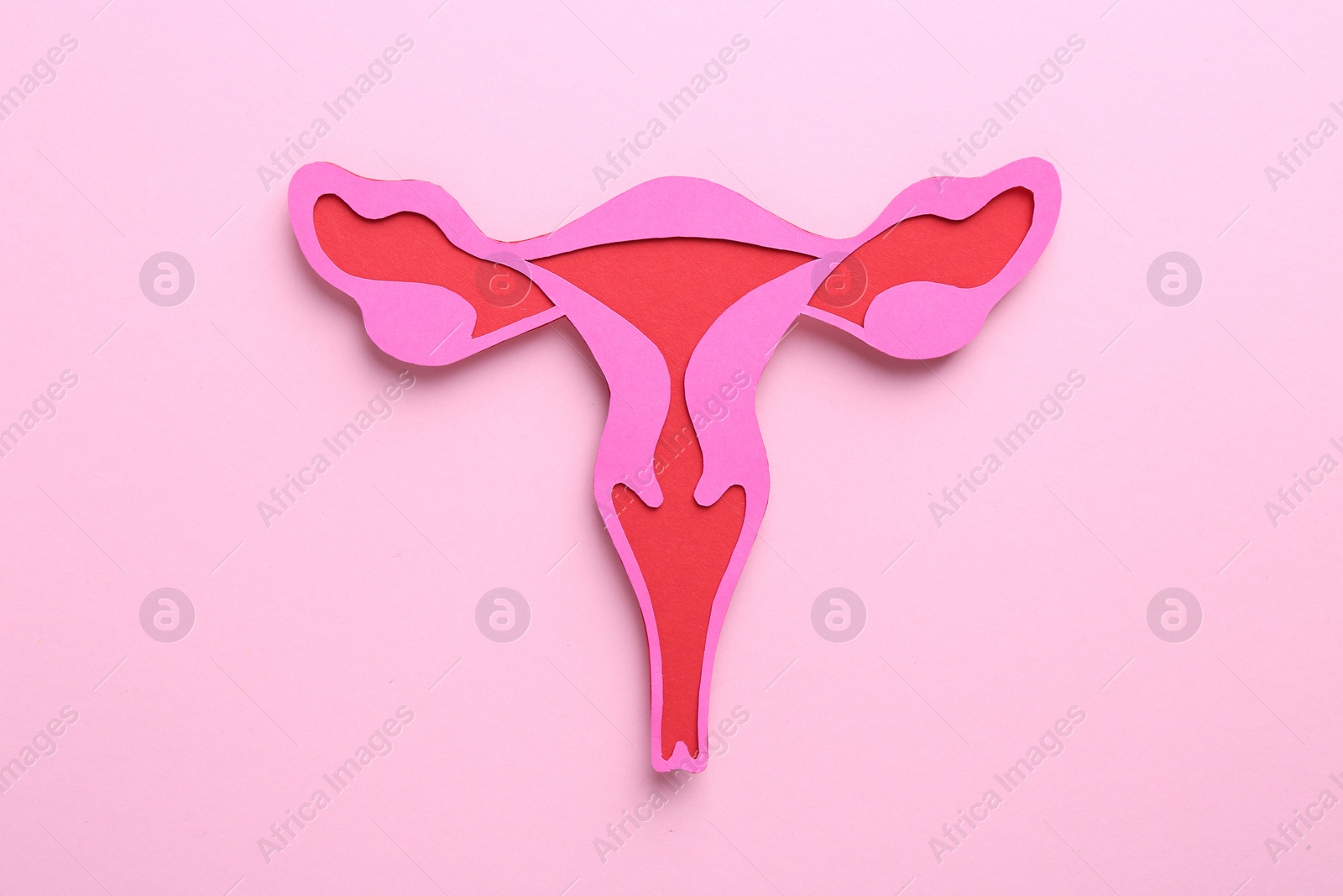 Photo of Reproductive medicine. Paper uterus on pink background, top view