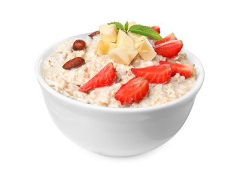 Photo of Tasty boiled oatmeal with strawberries, banana and almonds in bowl isolated on white