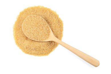 Photo of Pile of brown sugar and wooden spoon isolated on white, top view