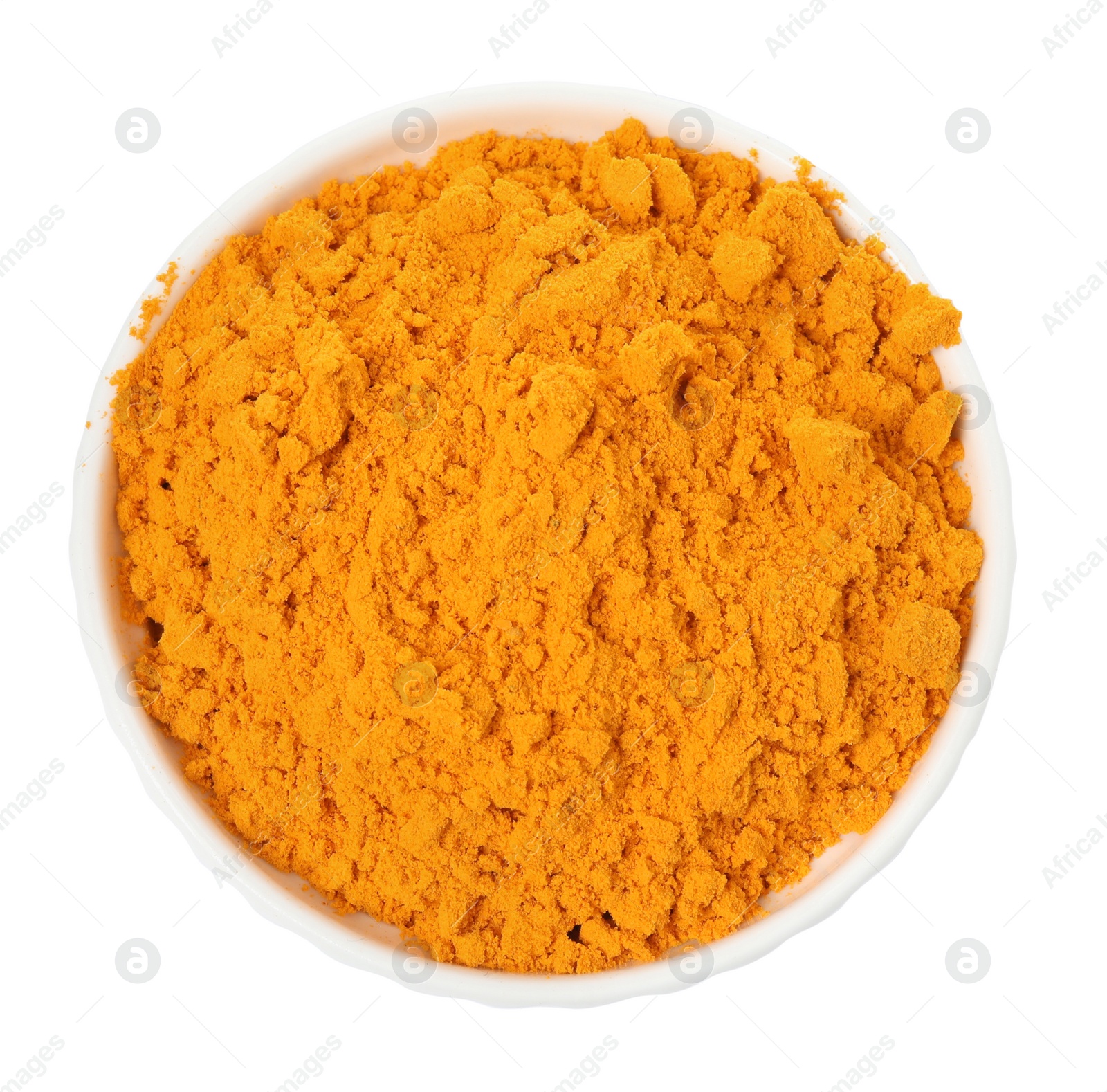 Photo of Aromatic saffron powder in bowl on white background, top view