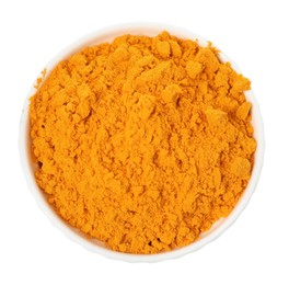 Aromatic saffron powder in bowl on white background, top view