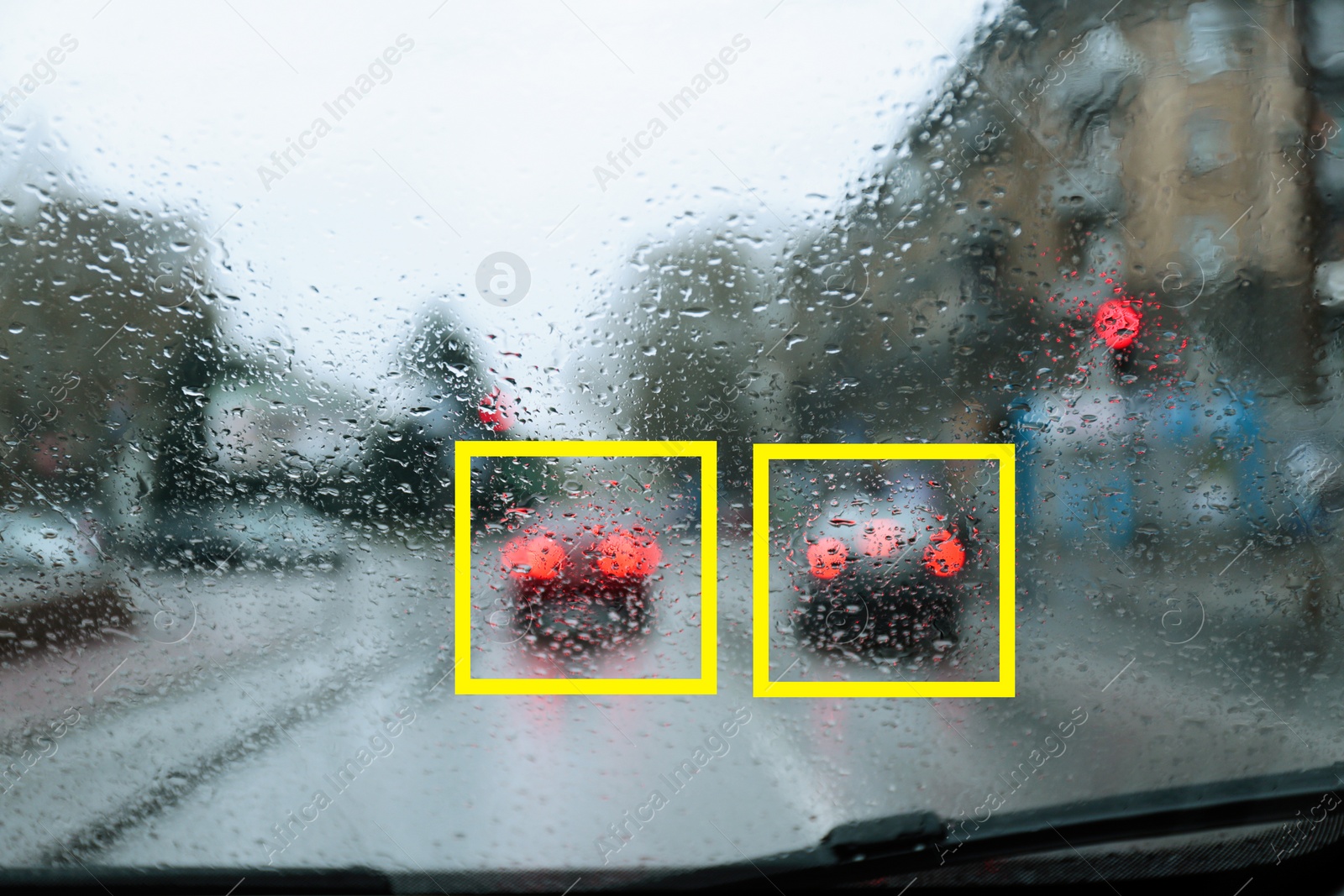 Image of Blurred view of road with scanner frames on cars through wet automobile window. Machine learning