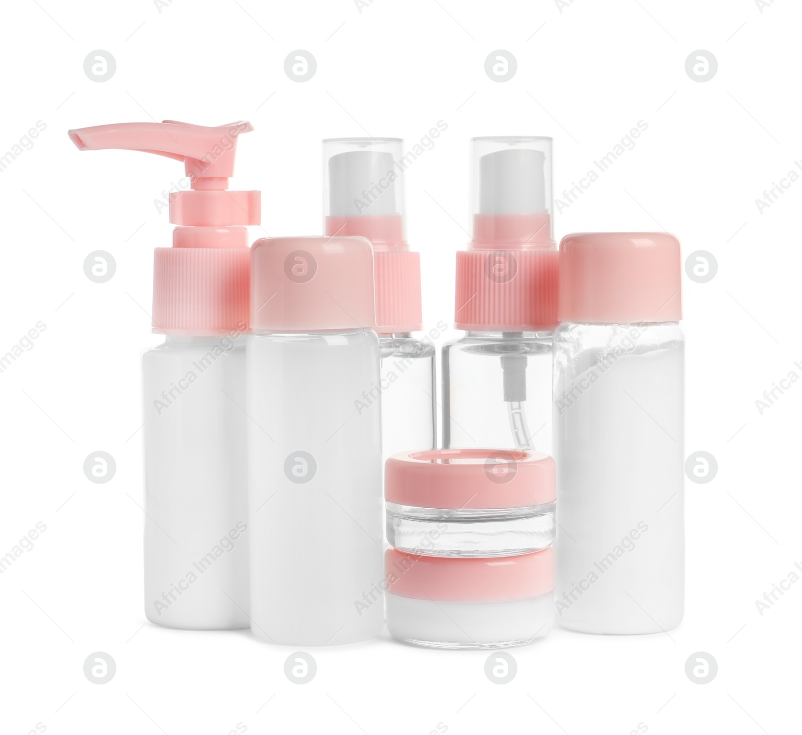 Photo of Cosmetic travel kit isolated on white. Bath accessories