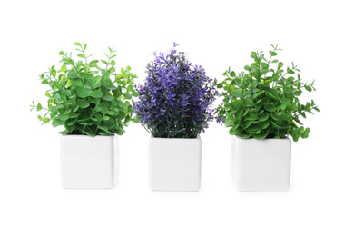 Photo of Beautiful artificial plants in flower pots isolated on white