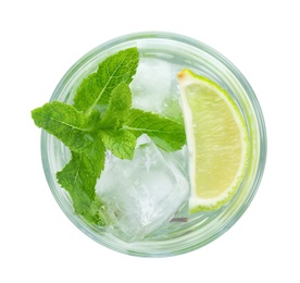 Photo of Glass of refreshing drink with lime and mint on white background, top view