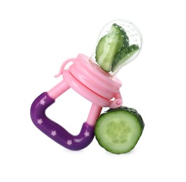Nibbler with fresh cucumber on white background. Baby feeder