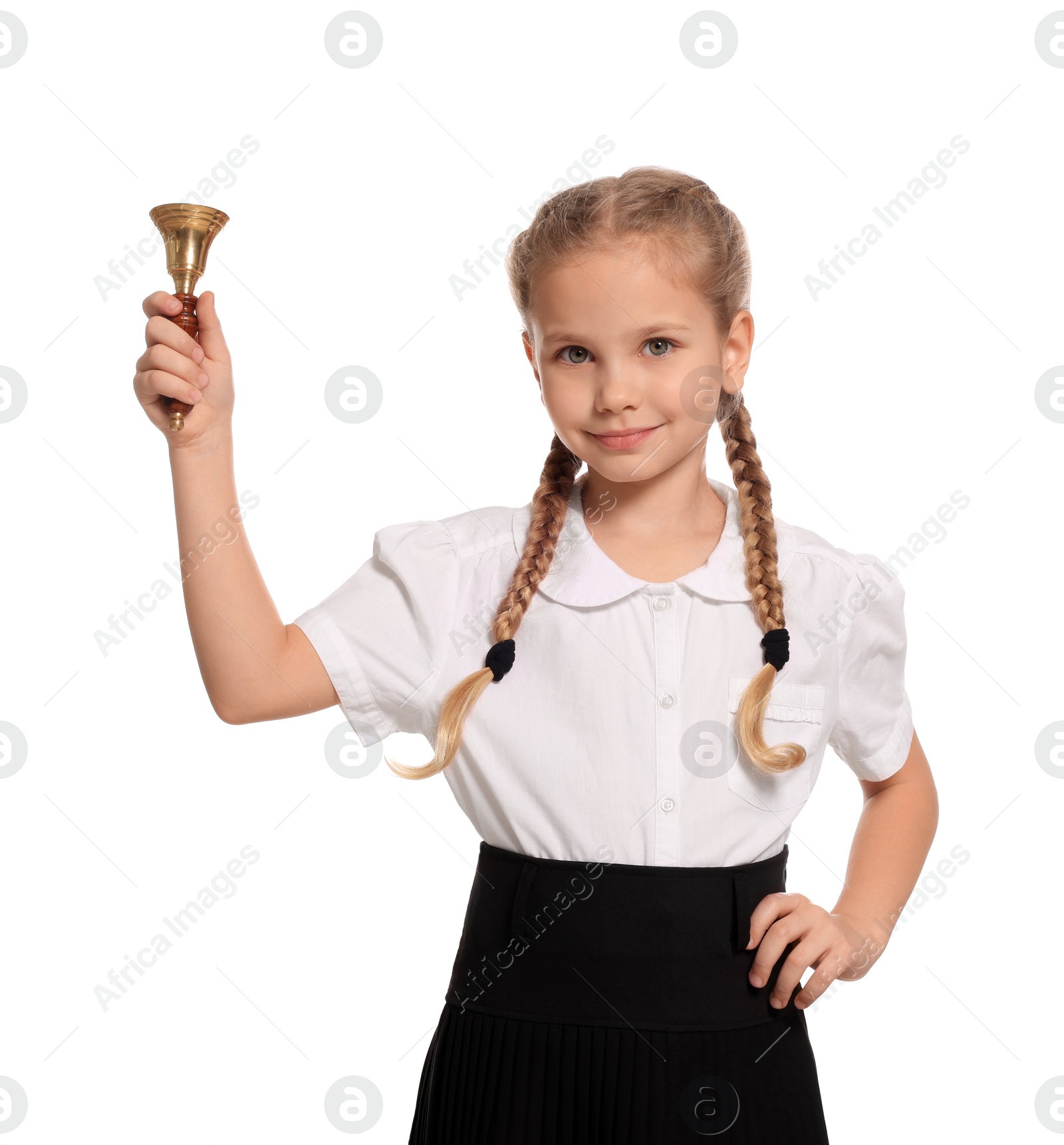 Photo of Pupil with school bell on white background