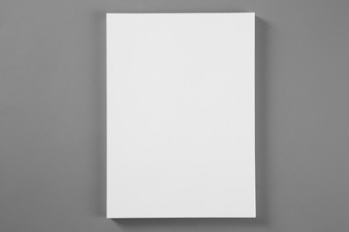 Photo of Blank brochure on grey background, top view. Mockup for design