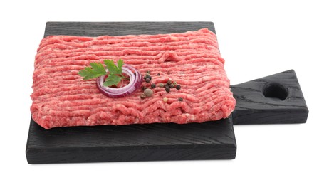 Photo of Board with raw ground meat, onion, peppercorns and parsley isolated on white