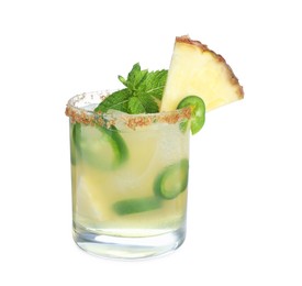 Photo of Spicy pineapple cocktail with jalapeno and mint isolated on white