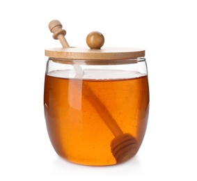 Photo of Jar with delicious honey and dipper on white background