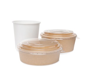 Photo of Empty paper cup and bowls on white background. Containers for food