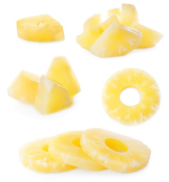 Image of Set of canned pineapple rings and pieces on white background