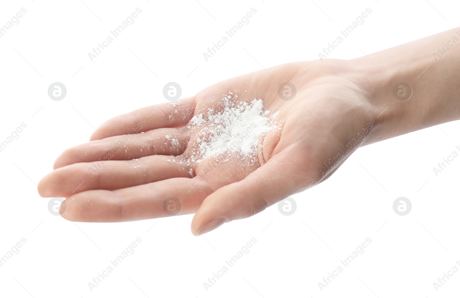 Photo of Woman with dusting powder on white background, closeup