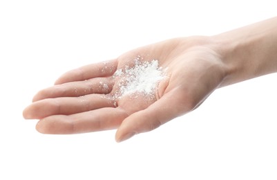 Photo of Woman with dusting powder on white background, closeup