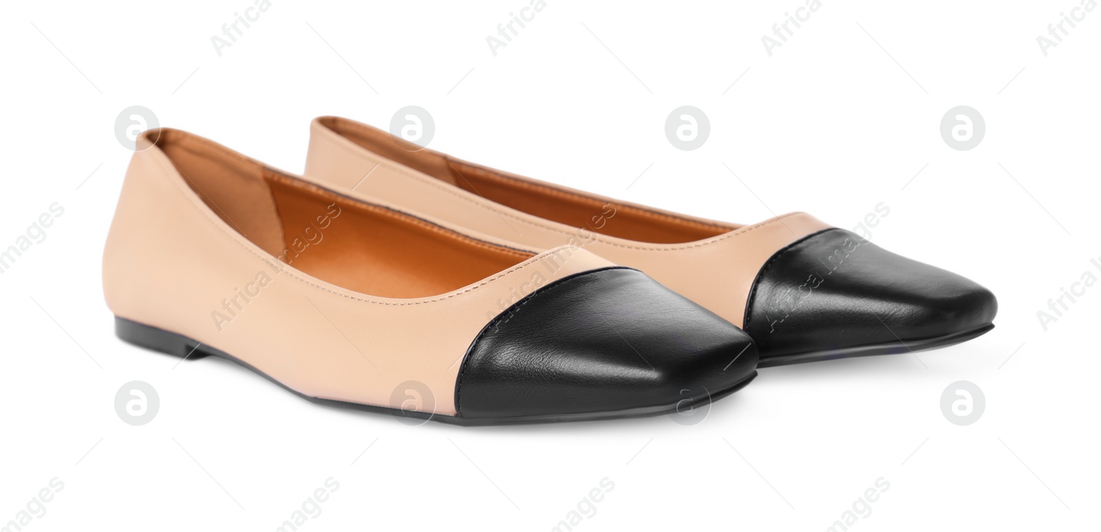 Photo of Pair of new stylish square toe ballet flats on white background