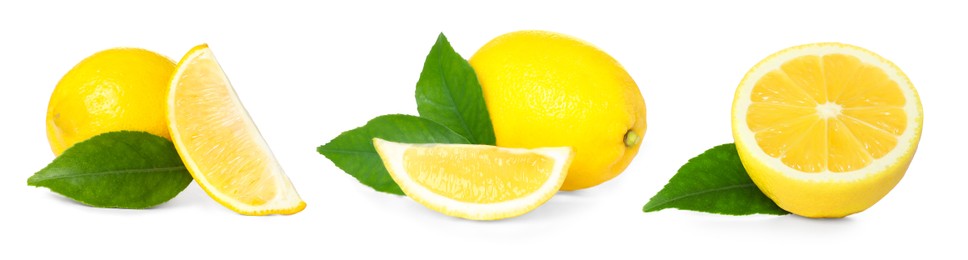 Image of Set with fresh ripe lemons on white background. Banner design 