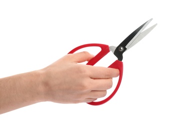 Photo of Woman holding scissors on white background, closeup