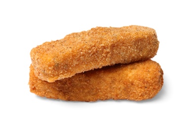 Photo of Tasty crispy cheese sticks isolated on white