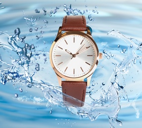 Image of Luxury women's watch in water splashes demonstrating its waterproof