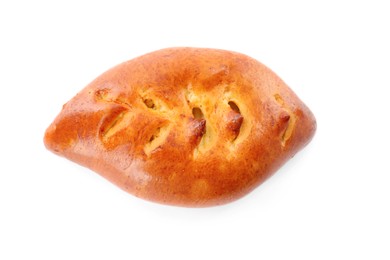 Photo of One delicious baked patty on white background, top view