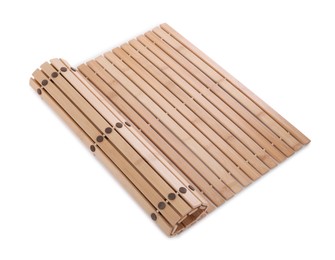 Photo of Bamboo rug isolated on white. Bath accessory