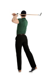Photo of Young man playing golf on white background