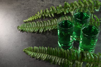 Photo of Absinthe in shot glasses and fern leaves on gray table, closeup with space for text. Alcoholic drink