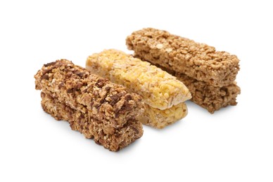 Photo of Different tasty granola bars isolated on white