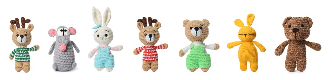 Image of Set with different knitted toys isolated on white