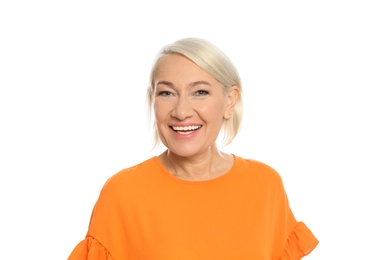 Photo of Portrait of mature woman laughing on white background