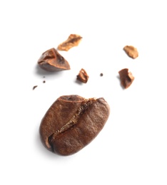 Photo of Crushed coffee bean on white background, top view
