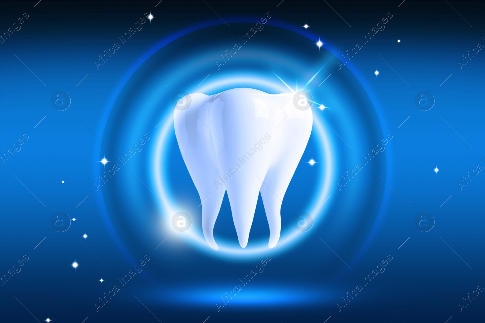 Image of Tooth model with glowing on blue background. Dental care