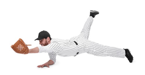 Photo of Baseball player catching ball on white background