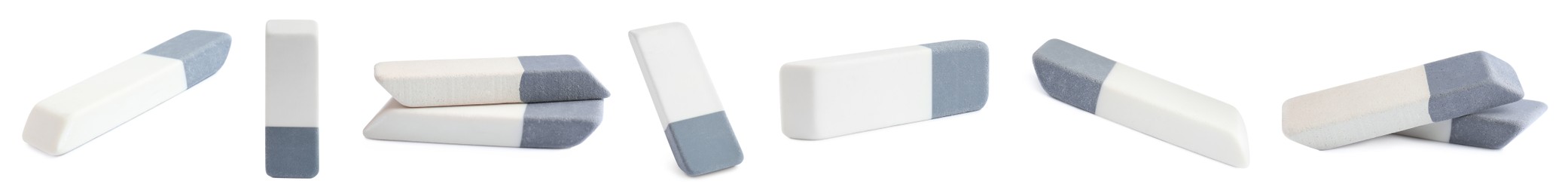 Image of Collage of rubber erasers on white background. Banner design