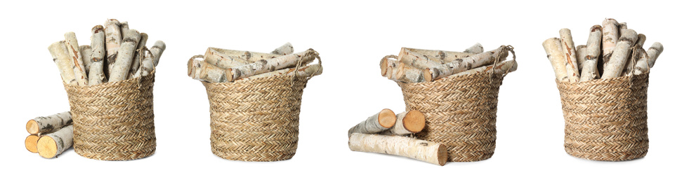 Set of cut firewood in wicker baskets on white background. Banner design