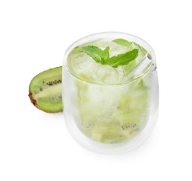 Photo of Glass of refreshing drink and cut kiwi isolated on white