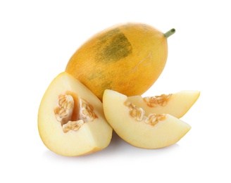 Photo of Whole and sliced tasty ripe melons on white background