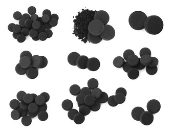 Image of Set with activated charcoal pills on white background, top view. Potent sorbent