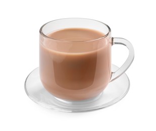 Photo of Delicious tea with milk on white background
