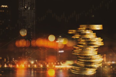 Image of Multiple exposure of stacked coins, charts and night cityscape