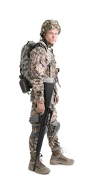 Photo of Male soldier with machine gun on white background. Military service