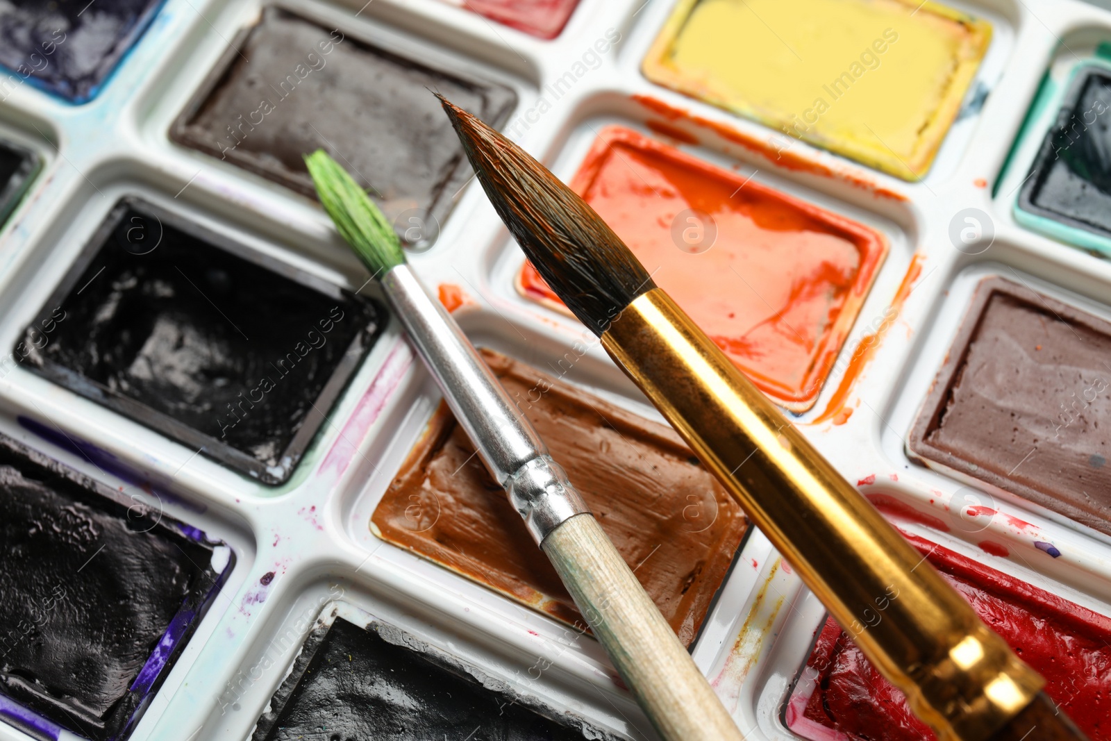 Photo of Plastic palette with colorful paints and brushes, closeup